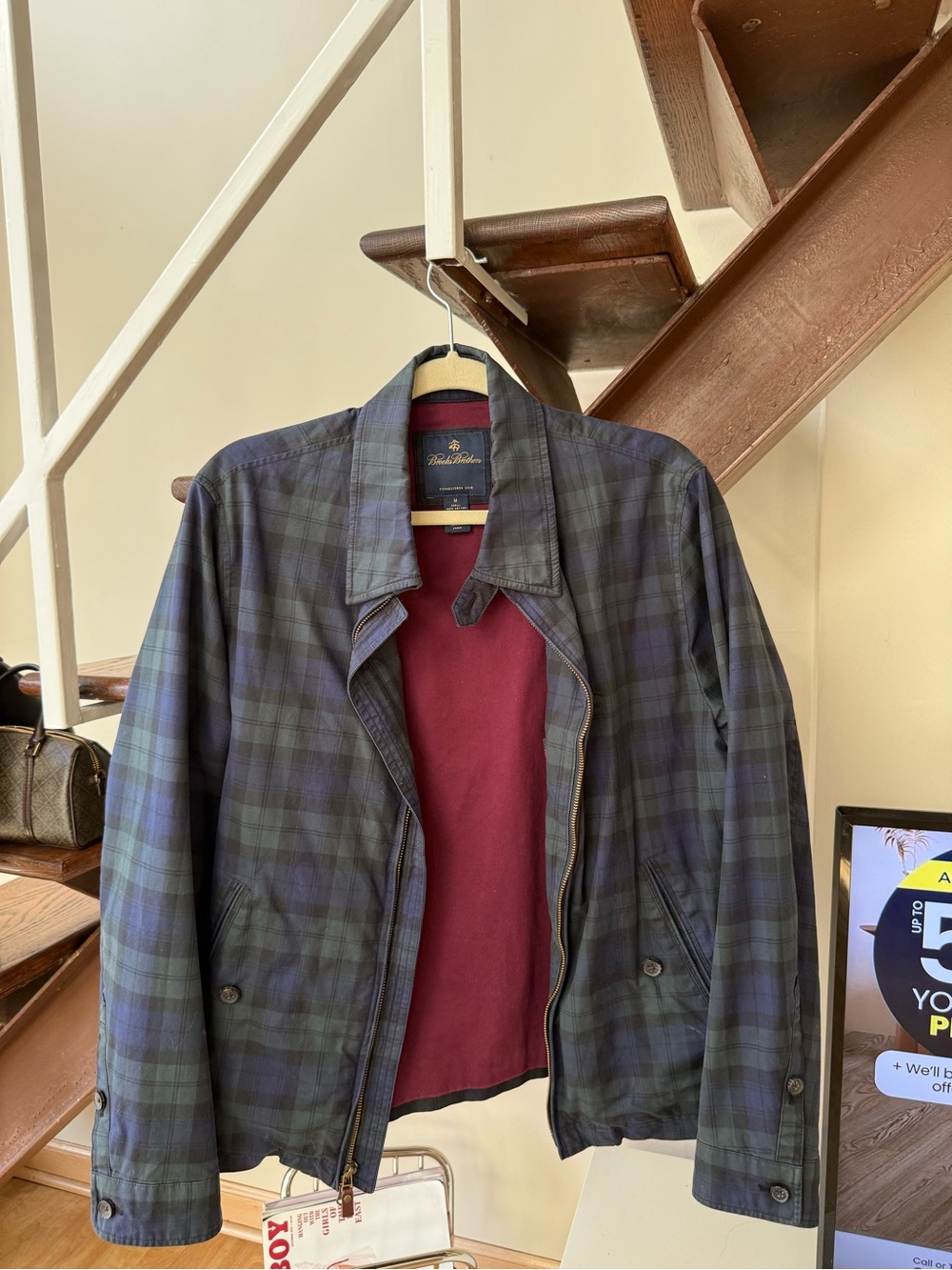 Brooks Brothers Navy and Green Plaid Lightweight Jacket with Burgundy Lining